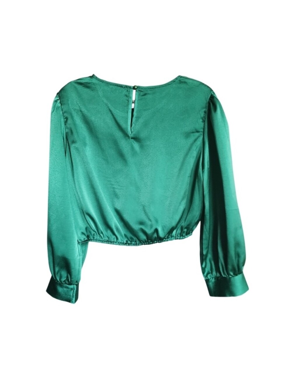 Emerald Green Satin Long-Sleeve Crop Top - Picture 2 of 2